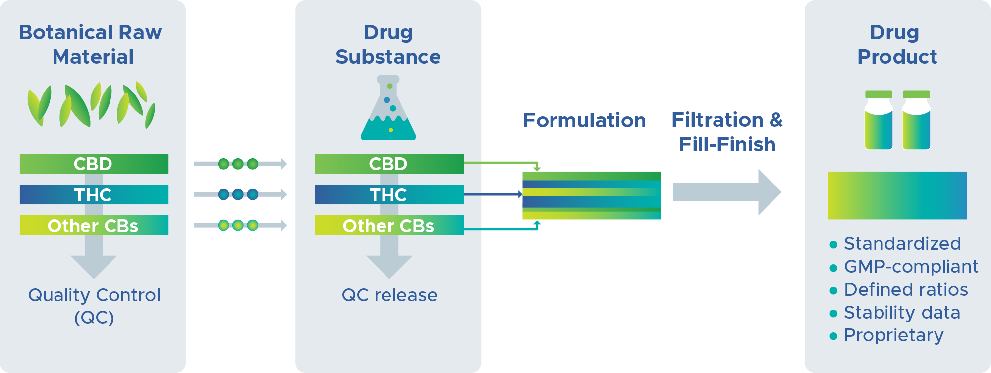 cGMP manufacturing infographic showing raw material made into drug substance, formulation and drug product